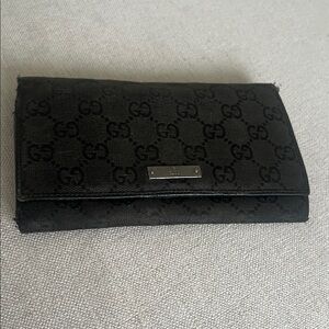 Gucci Black GG Monogram Folded Continental Wallet with Silver Plaque